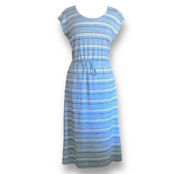 T by Talbots Womens Dress Sz Small Blue Stripe Drawstring Tie Waist Midi Preppy - Picture 3 of 10